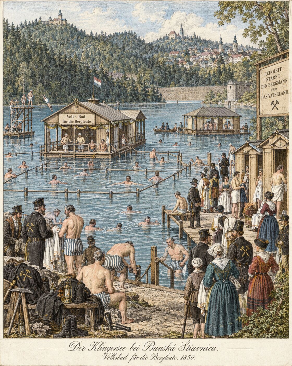 Ilustrácia kúpaliska na tajchu v roku 1850