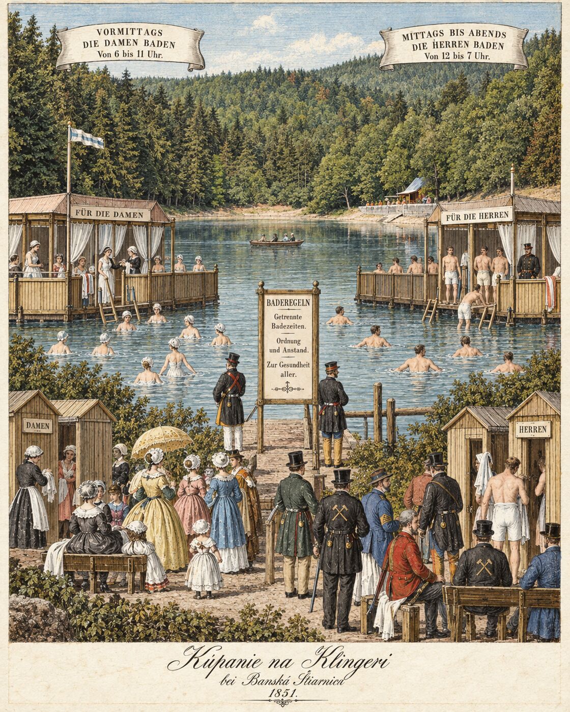 Ilustrácia kúpania na Klingeri v 19. storočí