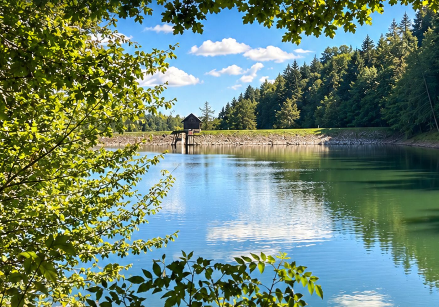 Tajch Klinger pomedzi konáre stromov